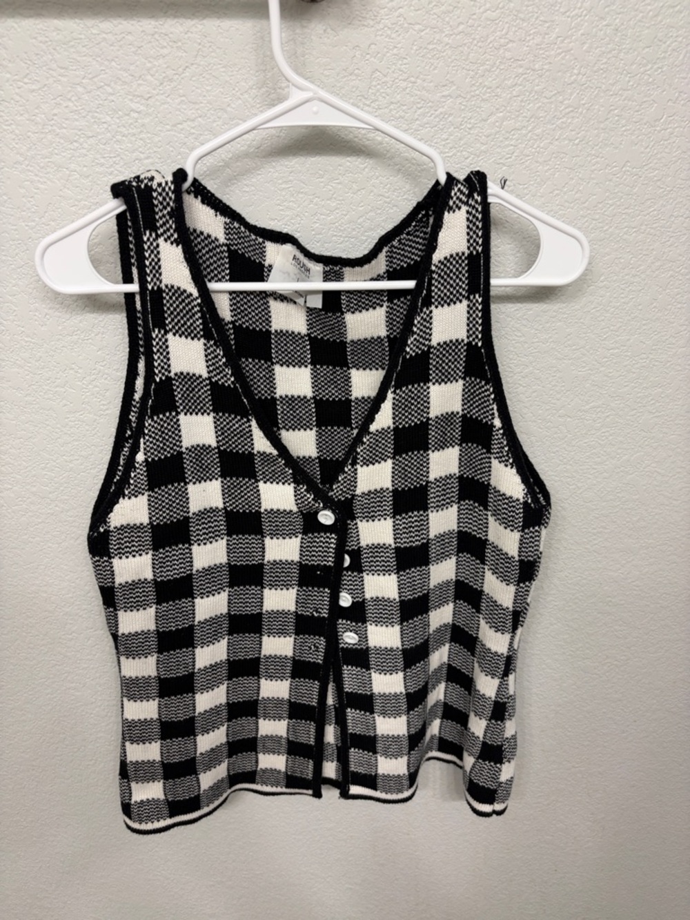 Vintage Black & White Gingham Knit Button-Front Vest